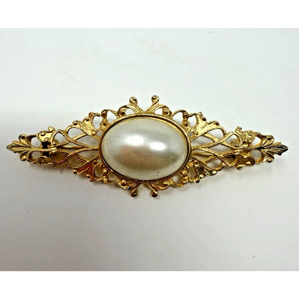 Vintage Faux Pearl Brooch Gold Tone Filigree Bar Pin Oval Statement Retro